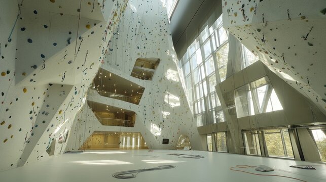 Modern indoor climbing wall with large windows