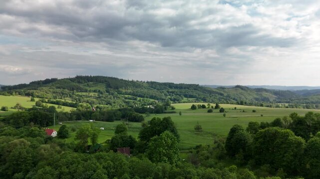 Aerial view of green rolling hills and meadows with forest in summer countryside