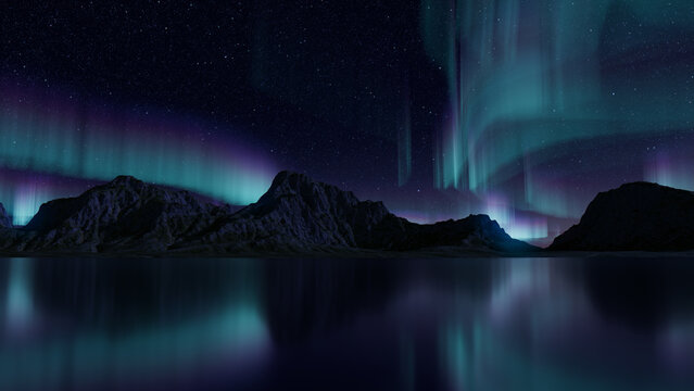 Rocky Mountains with Aurora Sky. Night Sky Banner with copy-space.