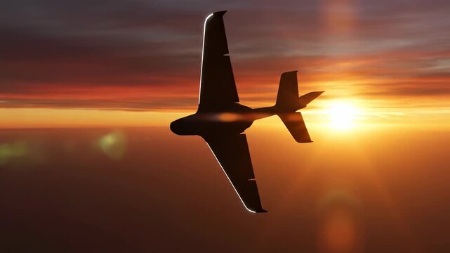 An airplane ascends into the golden sky as the sun descends below the horizon during a peaceful journey across the clouds, creating a scenic view that captures the essence of travel