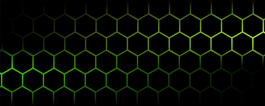 Dark gray and red horizontal hexagonal technology abstract vector background. red bright energy flashes under hexagon in futuristic modern technology wide banner. Dark gray honeycomb texture grid.