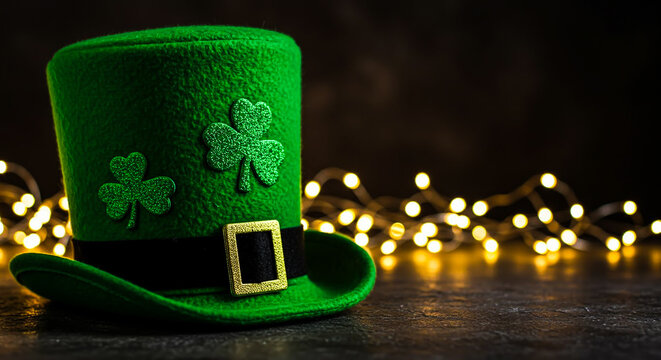 Vibrant green leprechaun hat with shamrocks and gold buckle on a dark background with bokeh lights.