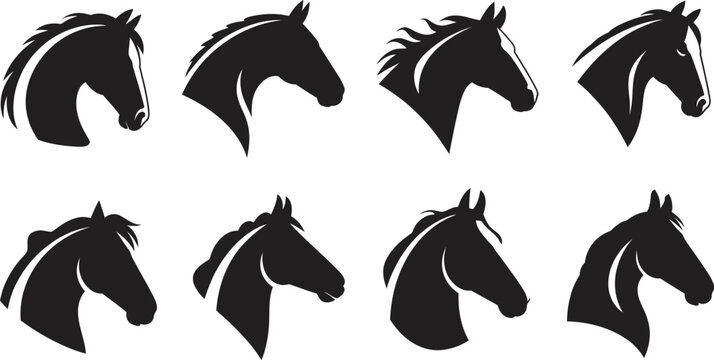 Horse head silhouette vector set, 8 black stallion profile icons, equestrian animal mascot collection, minimalist equine logo elements for branding, ranch identities, sports teams, apparel labels, 
