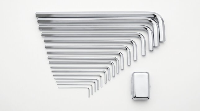 Organized metal hex key wrench set arranged in fan shape on white background