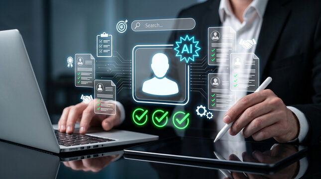 AI human resource recruitment platform showing automated candidate profile screening and resume approval checklist interface for efficient hiring decision support talent acquisition strategy and syste