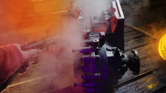 cleaning and washing with a steam cleaner of an old manual transmission from a front-wheel drive car for repair evening video shooting with red and purple lighting