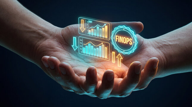 Hands holding glowing FinOps concept with cost reduction and financial growth charts floating above
