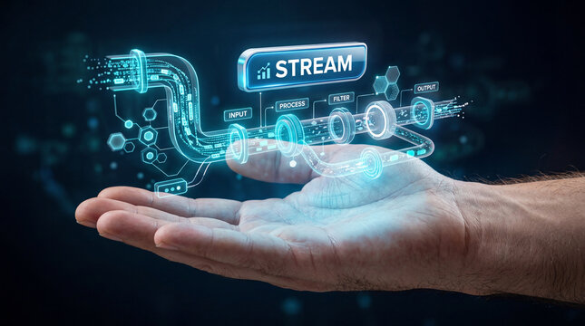Hand holding futuristic digital stream data pipeline concept with input process filter output visualization