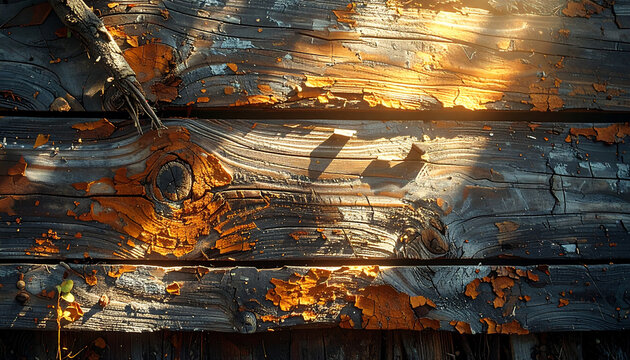 Weathered wood with peeling orange paint texture and sunlight abstract backdrop