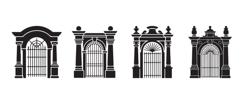 Set of four classic ornate gate designs with stone pillars and decorative metal fences in black and white silhouette style.