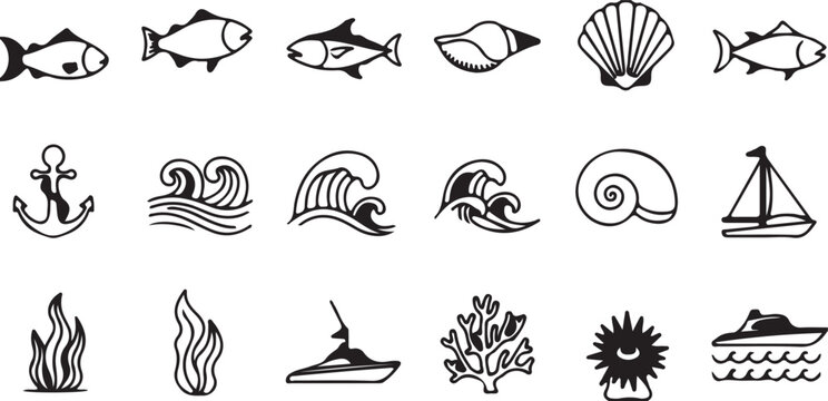 Nautical icons set fish shells waves boats and marine life illustrations