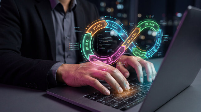 DevOps lifecycle concept with man typing on laptop and glowing infinity loop showing plan code build test deploy monitor stages at night