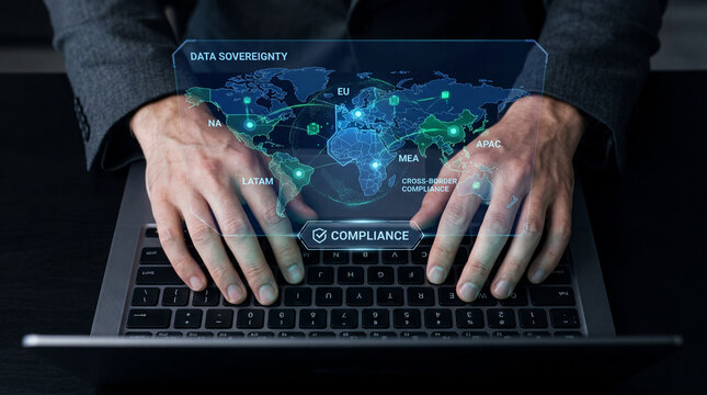 Business professional typing on laptop with holographic world map showing data sovereignty and compliance concepts