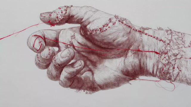 Art piece shows detailed drawing of a hand with thread wrapped around fingers and stitched lines on the palm with red string