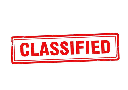 Classified red rectangular rubber stamp with grunge texture for confidential document marking and official security clearance notification isolated on a transparent background