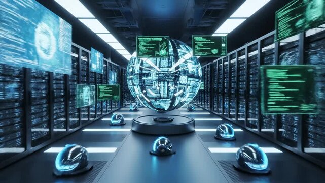 modern data center server room with glowing blue and green digital screens, network cables and computer racks, abstract technology concept