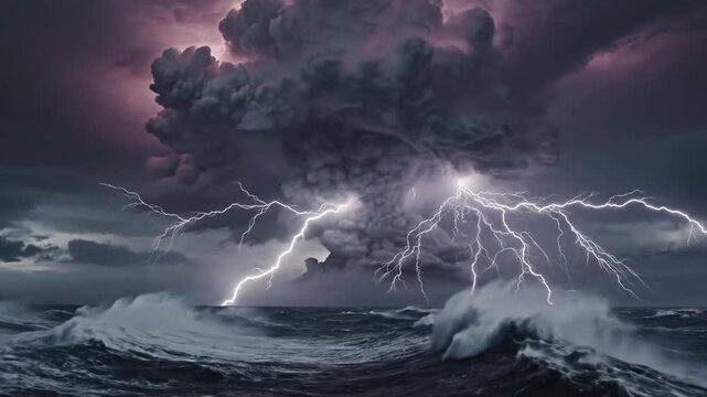 Ominous storm cloud over turbulent dark ocean waves at twilight