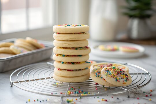 Tall stack of round sugar cookies decorated with colorful rainbow sprinkles resting on a metallic cooling rack next to several loose biscuits in a bright and airy kitchen breakfast setting