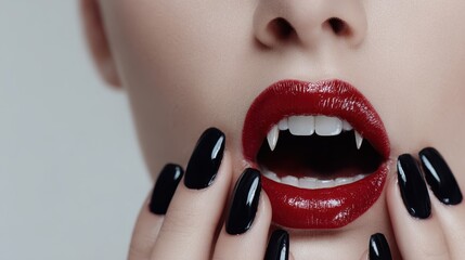 Obraz premium Sexy Vampire Woman lips with blood,Dripping blood on mouth, witches or beast creatures,female lips with fangs,horror holiday monsters,Vampire makeup Fashion Art design,Halloween banner background.
