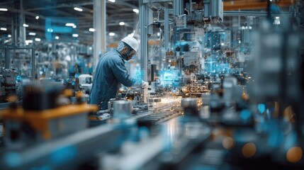 Fototapeta premium Engineer Working on Smart Manufacturing Line with Digital Interface and Automation Sparks