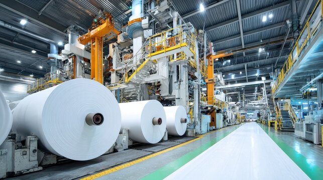 Large Rolls of White Paper in Modern Industrial Production Factory