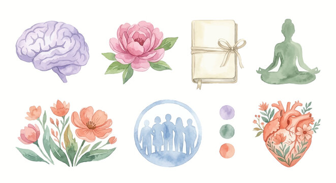 Watercolor set of holistic wellness icons: brain, heart, meditation, floral elements, journal, and community for self-care and well-being.