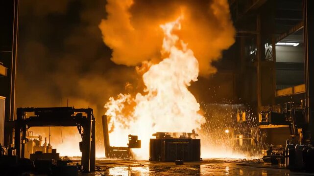 Industrial facility experiencing a large fireball explosion with sparks and debris, illuminating the dark interior during an urgent incident in a factory or warehouse setting