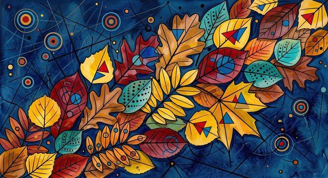 Abstract autumn leaves pattern with geometric shapes on deep blue background, watercolor style.