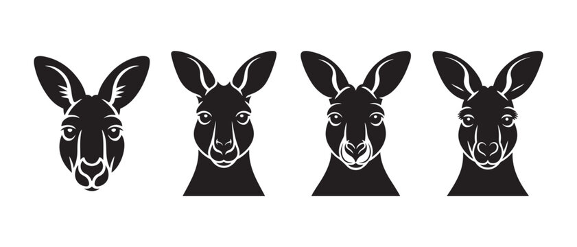 Set of four black kangaroo head icons showing various stylized animal portraits for logo design and graphic projects.