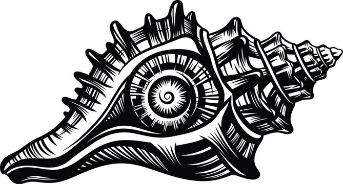 Black and white stylized seashell with spiral center conch marine ocean