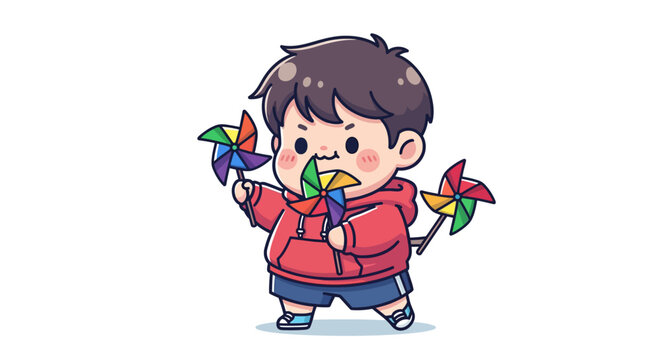 Happy cartoon child playing with colorful pinwheels indoors.