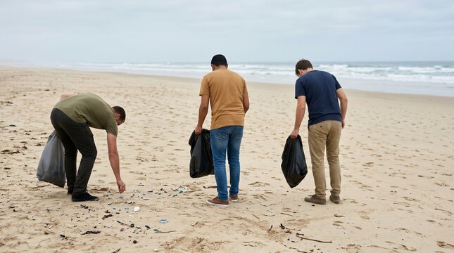 Diverse group of young men volunteers cleaning up plastic trash on a sandy beach.