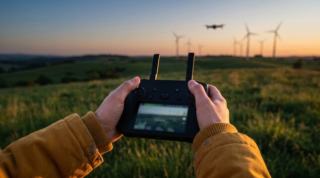 Person holding drone remote controller inspecting wind turbines at sunset.