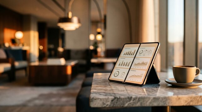 Digital tablet showing financial data and charts on marble table in luxury lounge
