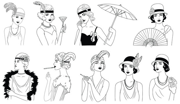 Retro 1920s flapper girl set with elegant vintage fashion portraits black and white line art vector illustrations of Gatsby women
