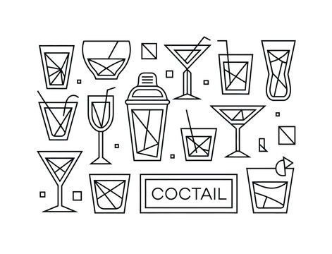 Geometric cocktail icons set featuring abstract line art alcohol glasses shaker and linear drink design elements for bar menu decoration