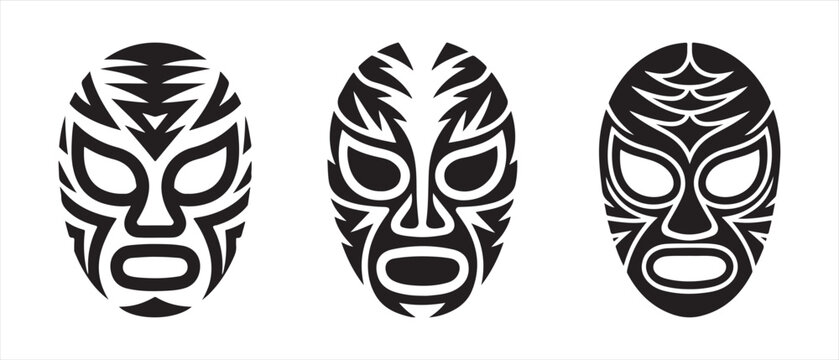 Set of three black and white mexican wrestler masks icons.