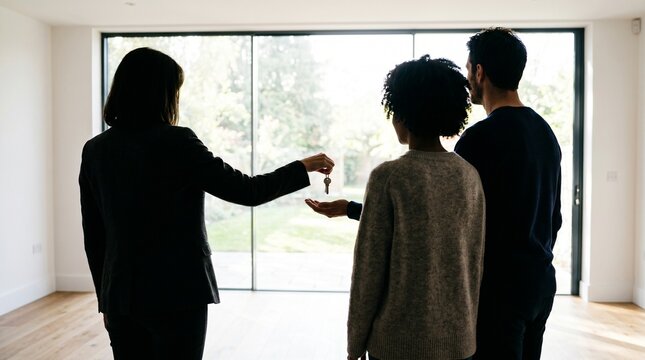 Diverse young couple receiving house keys from female agent in bright modern room.