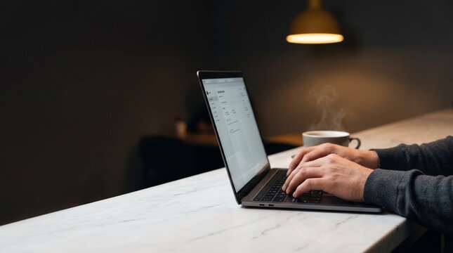 Man typing on a laptop with a steaming coffee cup on a marble counter in a cozy cafe.