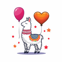Naklejka premium Cute Llama with Balloons and Stars