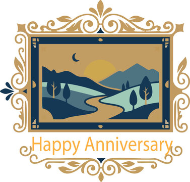 Elegant Happy Anniversary Greeting Card Design with Ornate Frame and Scenic Landscape Illustration