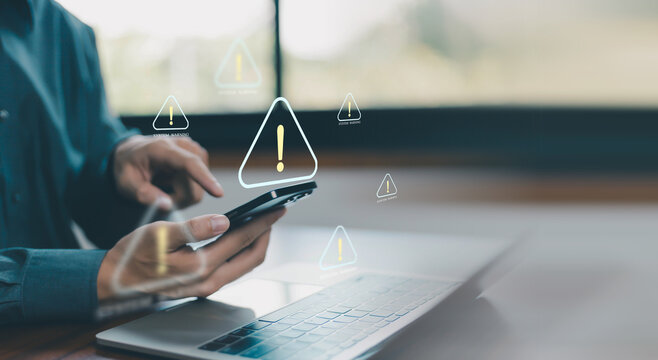Mobile security warning alert concept showing smartphone risk detection, cybersecurity protection, fraud prevention, threat monitoring, data security, suspicious activity alerts, risk management.