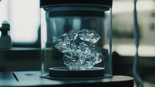 Scientific instrument analyzing a transparent, crystalline substance floating inside a glass chamber, representing cutting edge research and technological innovation in a modern laboratory setting