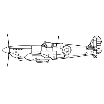 Supermarine Spitfire WWII Fighter Plane Black and White Side Profile Vector Icon