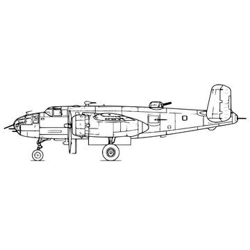 B-25 Mitchell WWII Bomber Plane Black and White Side Profile Vector Illustration