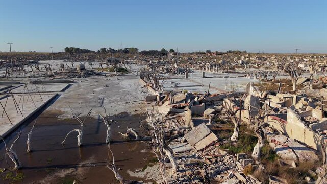 Aerial view of flooded ruins and dead trees in Villa Epecuen Argentina, drone