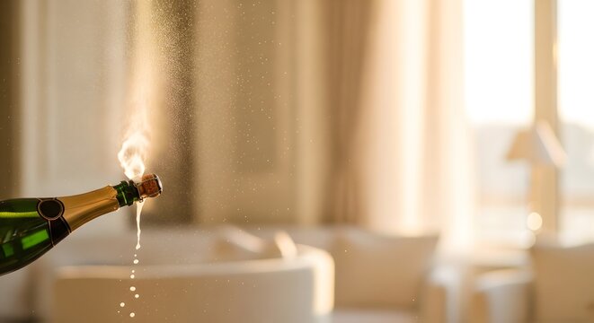 Champagne bottle popping with spray at sunset in a luxury room interior