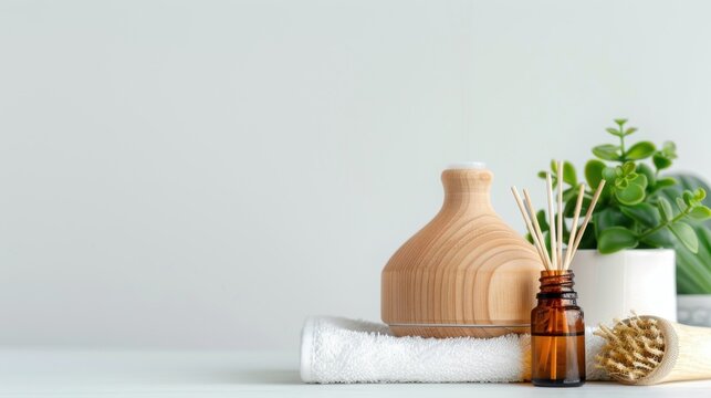 Aromatherapy Setup with Essential Oil Diffuser, Natural Oils, Soft Towels, and Indoor Plant for Relaxation and Wellness