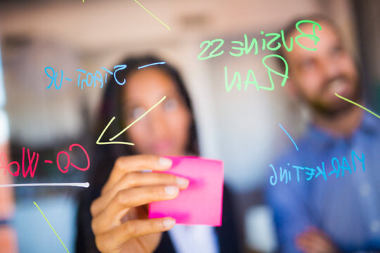 Businessman and businesswoman brainstorming in office