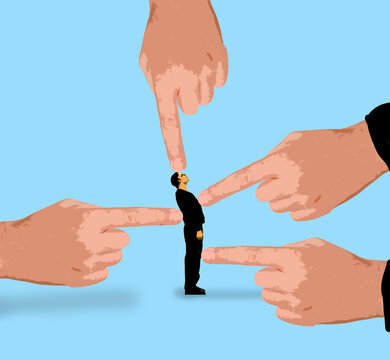 Illustration of a person surrounded by pointing fingers symbolizing blame and bullying